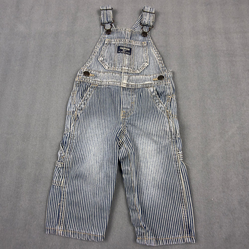 OshKosh Bgosh Baby Boys 9M Hickory Stripe Denim Overalls Blue White Bib Overall‎